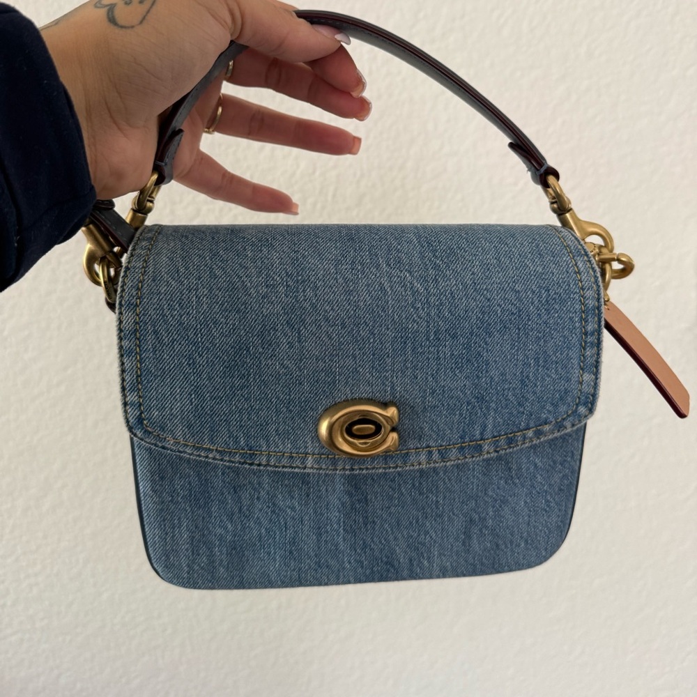 Coach Denim Shoulder Bag with Gold Hardware and Brown Trim